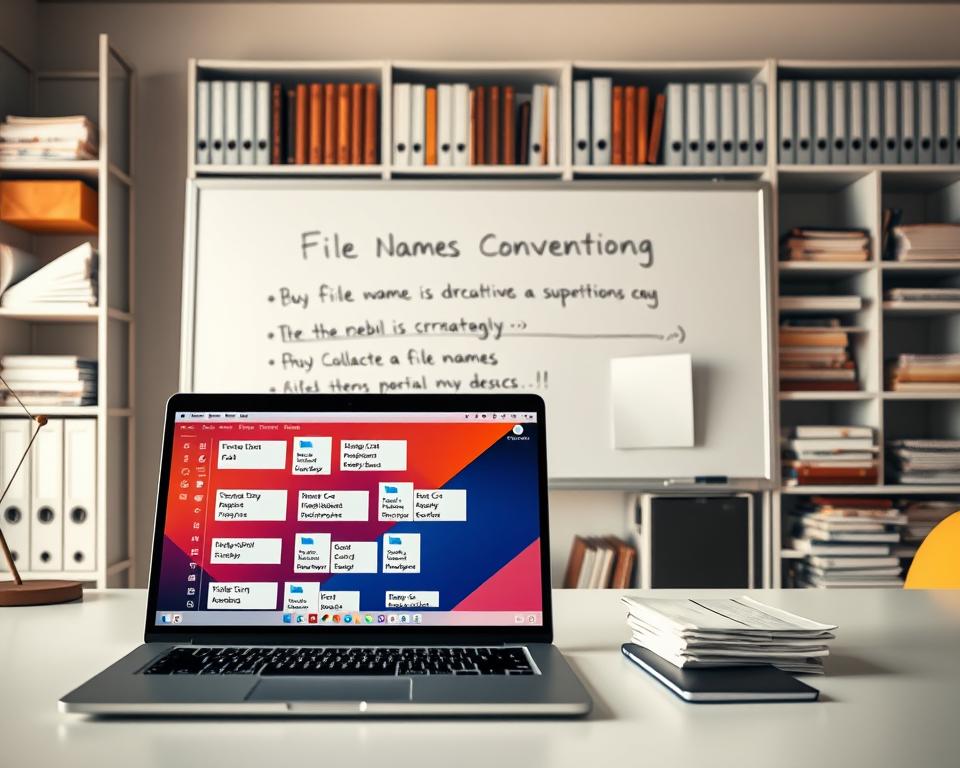A visually engaging scene depicting effective file naming conventions, focusing on a clean, modern workspace. In the foreground, a well-organized desk with a sleek laptop displaying a colorful digital interface showing file directory structures, integrated with various labeled folders and documents representing naming strategies. The middle ground features a whiteboard with neatly written bullet points about organizational strategies for file names, enhancing the clarity of the concept. In the background, shelves filled with books and neatly stacked files add depth and context. Soft, diffused lighting creates a professional ambiance, while a slight overhead angle presents a comprehensive view. The atmosphere is productive and structured, encouraging a sense of organization and clarity.
