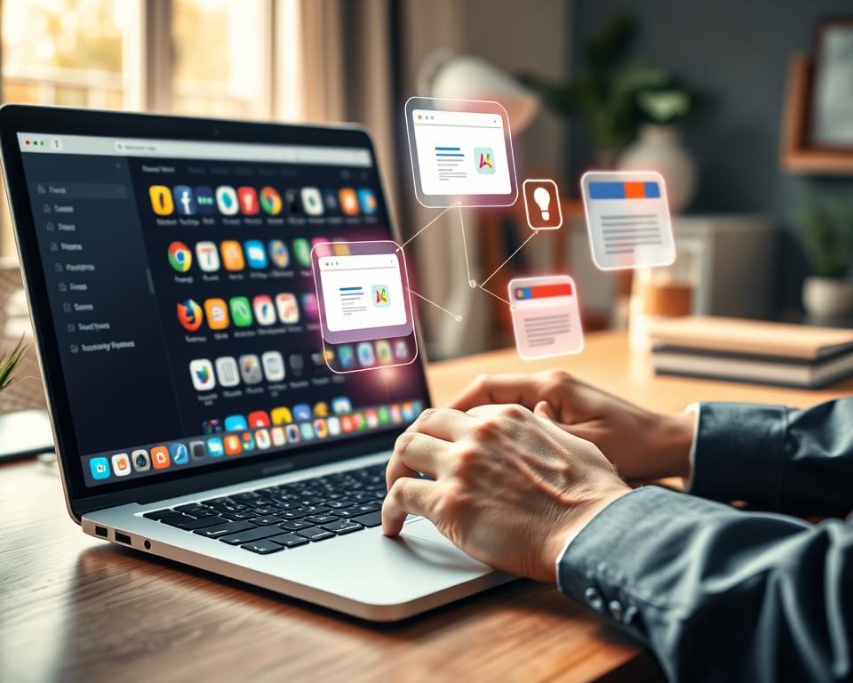 A visually engaging workspace scene showcasing browser shortcuts, featuring a modern desk with a sleek laptop open to a browser window displaying an array of colorful bookmarks and icons. The foreground includes hands of a professional in business attire efficiently navigating through the shortcuts on the laptop. In the middle, vivid images of browser features like tab groups and pinned tabs float, connected by glowing lines symbolizing organization and productivity. The background is a softly blurred home office, bathed in warm, natural light filtering through a window, conveying a sense of focus and inspiration. The overall mood is dynamic yet balanced, emphasizing efficiency and ease in browsing management while keeping the space tidy and inviting.