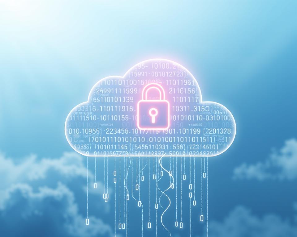 A visually striking representation of cloud data backup, with a foreground featuring a glowing cloud icon filled with digital data streams flowing seamlessly. In the middle, a secure lock symbol integrates smoothly into the cloud, symbolizing data security, while binary code cascades down from it. The background showcases a serene blue sky with subtle streaks of light, signifying clarity and reliability. Soft, diffused lighting enhances the ethereal quality of the cloud, creating a tranquil atmosphere that underscores the importance of data protection in cloud storage. The scene suggests a sense of efficiency and security, while the overall composition maintains a professional tone, suitable for a corporate audience.