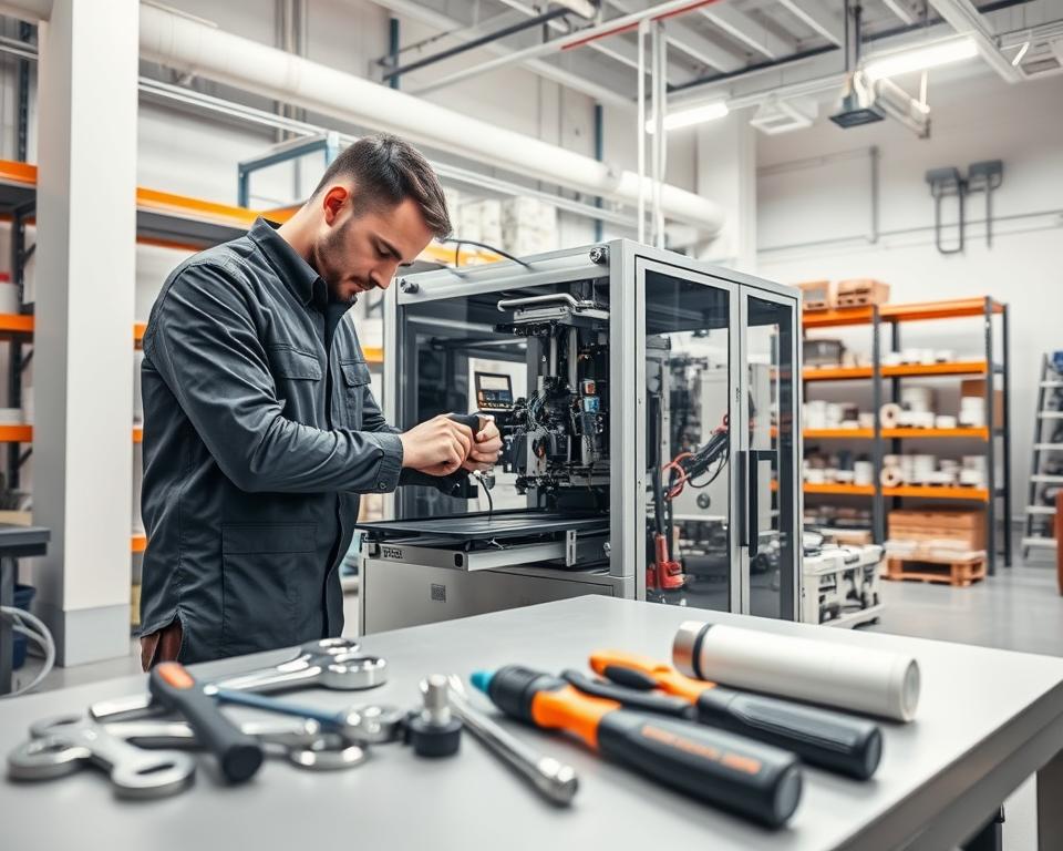 A well-lit industrial workspace featuring a technician in professional attire performing maintenance on a state-of-the-art labeling machine. In the foreground, tools like wrenches and screwdrivers are neatly arranged on a workbench beside the machine, while the technician adjusts the machine's components with focused concentration. In the middle ground, a sleek, advanced labeling machine is prominently displayed, showcasing intricate mechanisms and digital displays. In the background, shelves filled with rolls of labels and spare parts can be seen, contributing to the organized atmosphere. The lighting is bright and even, enhancing the sense of cleanliness and precision in the environment. The mood conveys professionalism and attention to detail, ideal for illustrating the importance of maintenance in labeling systems.