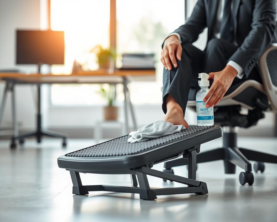A well-lit office setting focused on ergonomic footrest maintenance. In the foreground, a close-up of a practical footrest with textured surface, showing a person in professional business attire cleaning it with a soft cloth and a gentle cleaning solution. The person is seated on a modern office chair, emphasizing the connection between comfort and productivity. In the middle ground, a neatly organized desk with office supplies, a computer monitor, and a potted plant, creating an inviting atmosphere. The background softly fades into a blurred view of a sunny office window, allowing natural light to illuminate the space. The mood is calm and professional, promoting the idea of workplace comfort and longevity in office furniture.