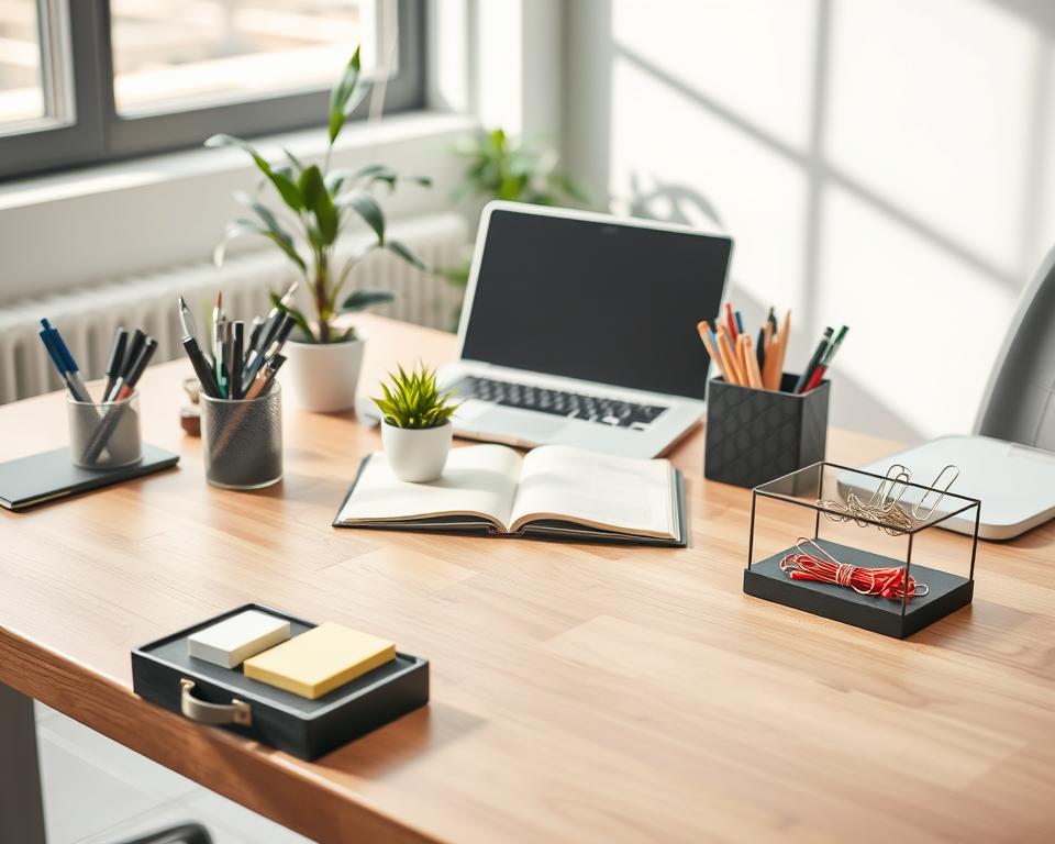 A well-organized desk scene in a modern office setting, showcasing various stationery items neatly arranged. In the foreground, a sleek wooden desk with a clean surface, featuring stylish organizers for pens, sticky notes, and paper clips. A small potted plant adds a touch of greenery. In the middle, an open notebook and a laptop are positioned for easy access, with minimal clutter surrounding them. The background includes a bright window with natural light streaming in, casting soft shadows, creating a calm and productive atmosphere. The overall mood is tidy and inviting, illustrating the benefits of maintaining stationery organization. The image is shot from a slightly elevated angle, capturing the entire setup without any people or distractions.
