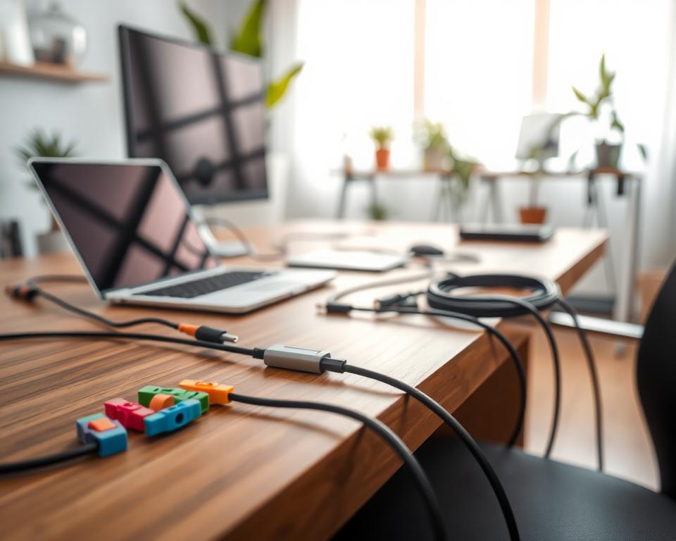 A well-organized workspace featuring DIY cable management solutions. In the foreground, a sleek wooden desk displays various cable management tools: colorful cable clips, a cable sleeve, and neatly arranged cords. The middle area showcases a laptop and a monitor, with cables elegantly routed through the management solutions. In the background, there’s a bright, airy home office setting, with plants and minimalist decor enhancing the overall aesthetic. The scene is lit by soft, natural light coming through a window, creating a warm and inviting atmosphere. Capture this composition with a shallow depth of field, highlighting the cable management tools while softly blurring the background elements to maintain focus on the organization aspect. A well-organized workspace featuring DIY cable management solutions. In the foreground, a sleek wooden desk displays various cable management tools: colorful cable clips, a cable sleeve, and neatly arranged cords. The middle area showcases a laptop and a monitor, with cables elegantly routed through the management solutions. In the background, there’s a bright, airy home office setting, with plants and minimalist decor enhancing the overall aesthetic. The scene is lit by soft, natural light coming through a window, creating a warm and inviting atmosphere. Capture this composition with a shallow depth of field, highlighting the cable management tools while softly blurring the background elements to maintain focus on the organization aspect.